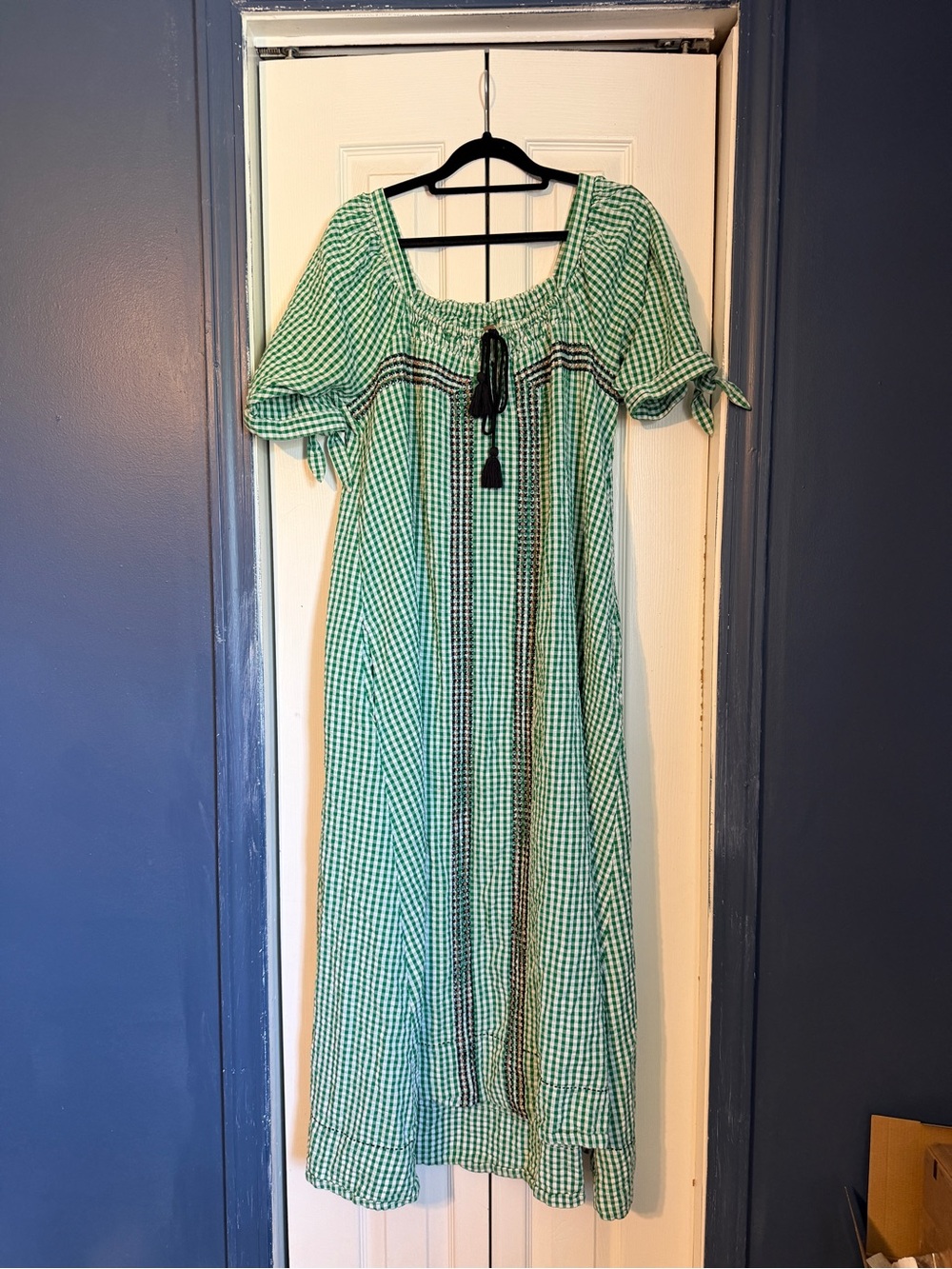 Free People Cass Midi Dress Green Gingham with Tassel Tie